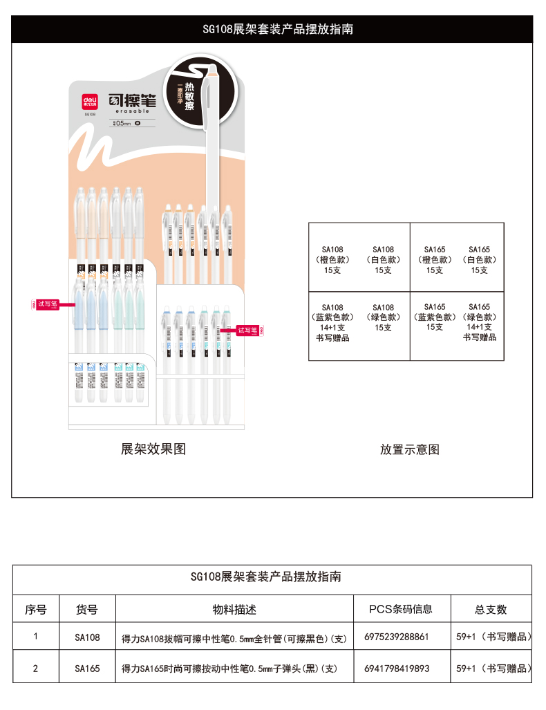 尊龙凯时SG108可擦中性笔展架套装(2套/箱)0.5mm全针管/子弹头(黑)(套)