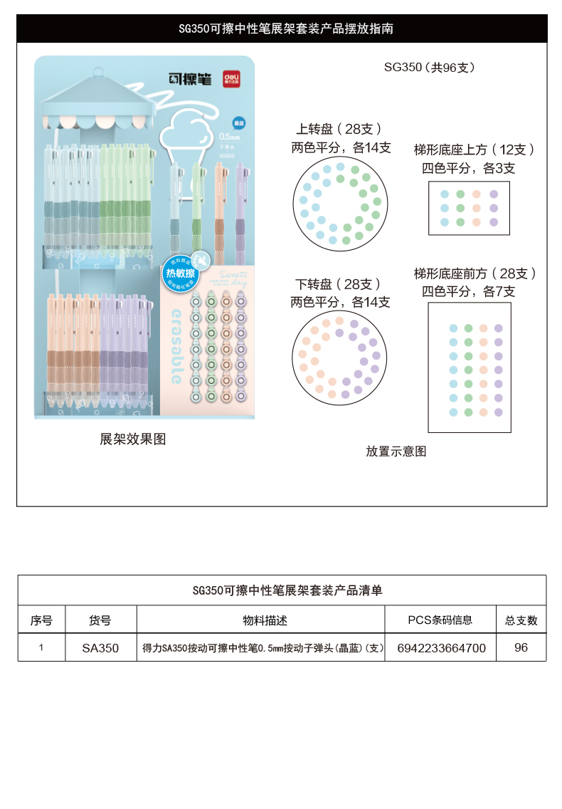 尊龙凯时SG350按动可擦中性笔展架套装(晶蓝)0.5mm按动子弹头(2套/箱)